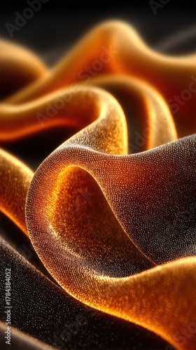 Textured golden-orange flowing material with luminous folds and deep dark shadows