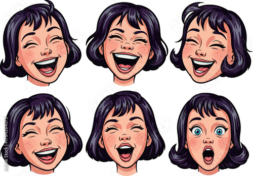 Six cartoon faces of a woman expressing various emotions, mostly joy and laughter, with one surprised expression.