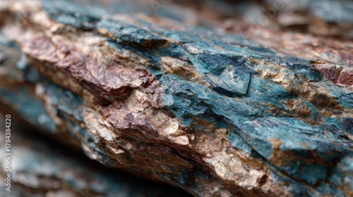 Textured rock surface with striking blue-green, brown, and white mineral layers