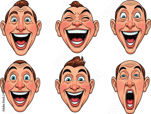 Six cartoon male faces with exaggerated expressions of laughter and open mouths, depicting various joyful emotions.