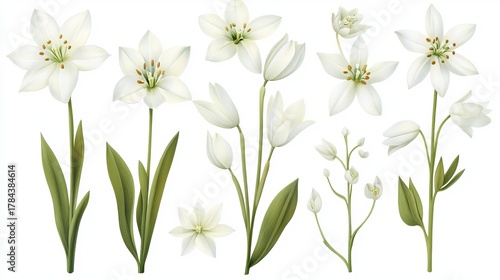 Delicate white ornithogalum flowers isolated on light background, elegant botanical floral design