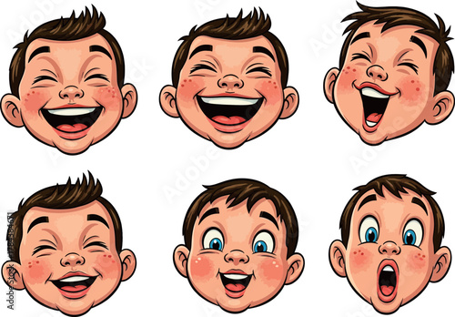 Six cartoon boy faces showing different happy, joyful, and surprised expressions with open mouths and smiles.