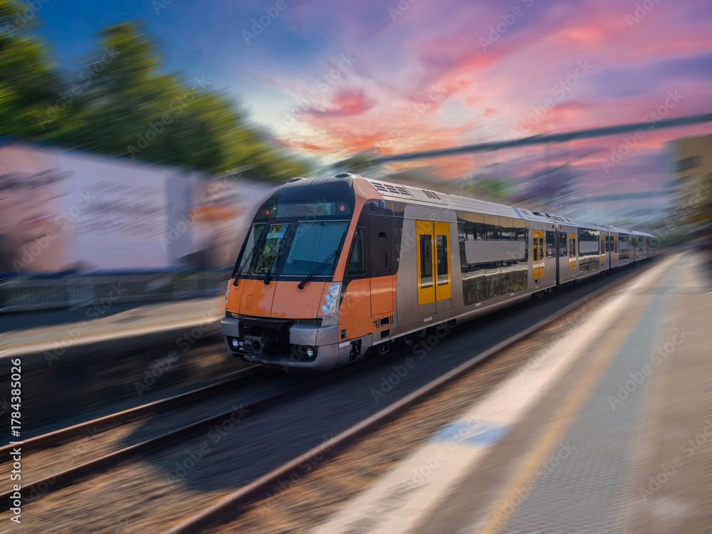 Fototapeta premium Passenger Train going through Summer Hill train station a suburban Sydney train Station NSW Australia
