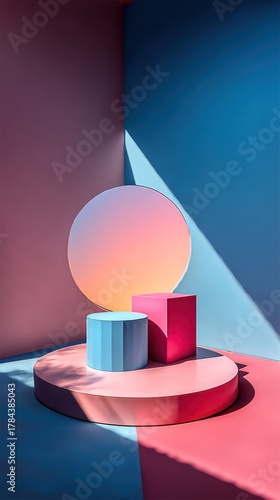 Vibrant abstract 3D corner with geometric podiums, circle, cube, cylinder, shadows
