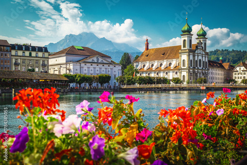 Photos Flowery river side and picturesque waterfront buildings in Lucerne, Switzerland