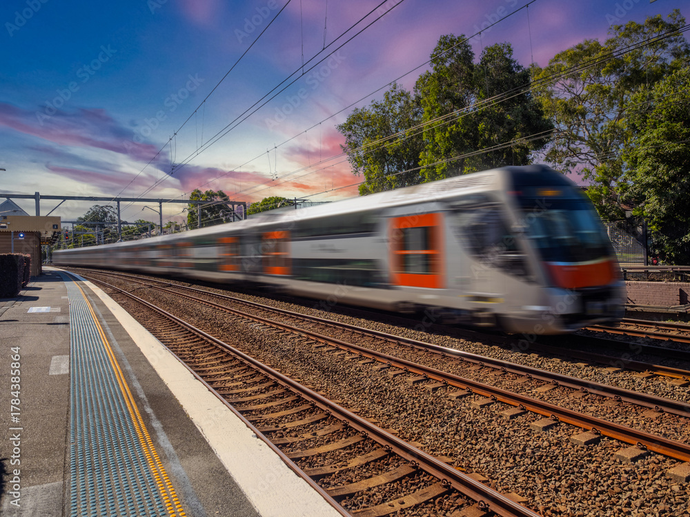 Fototapeta premium Passenger Train going through Summer Hill train station a suburban Sydney train Station NSW Australia