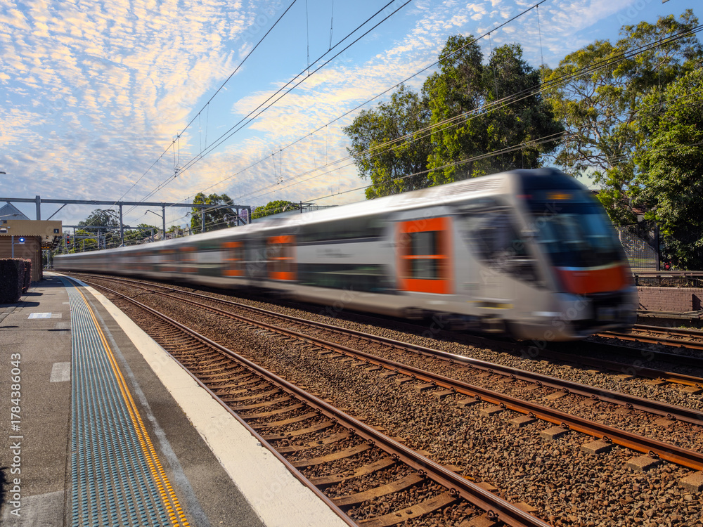Fototapeta premium Passenger Train going through Summer Hill train station a suburban Sydney train Station NSW Australia
