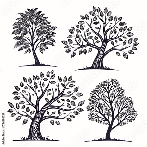 Four vintage style trees with textured leaves retro 2
