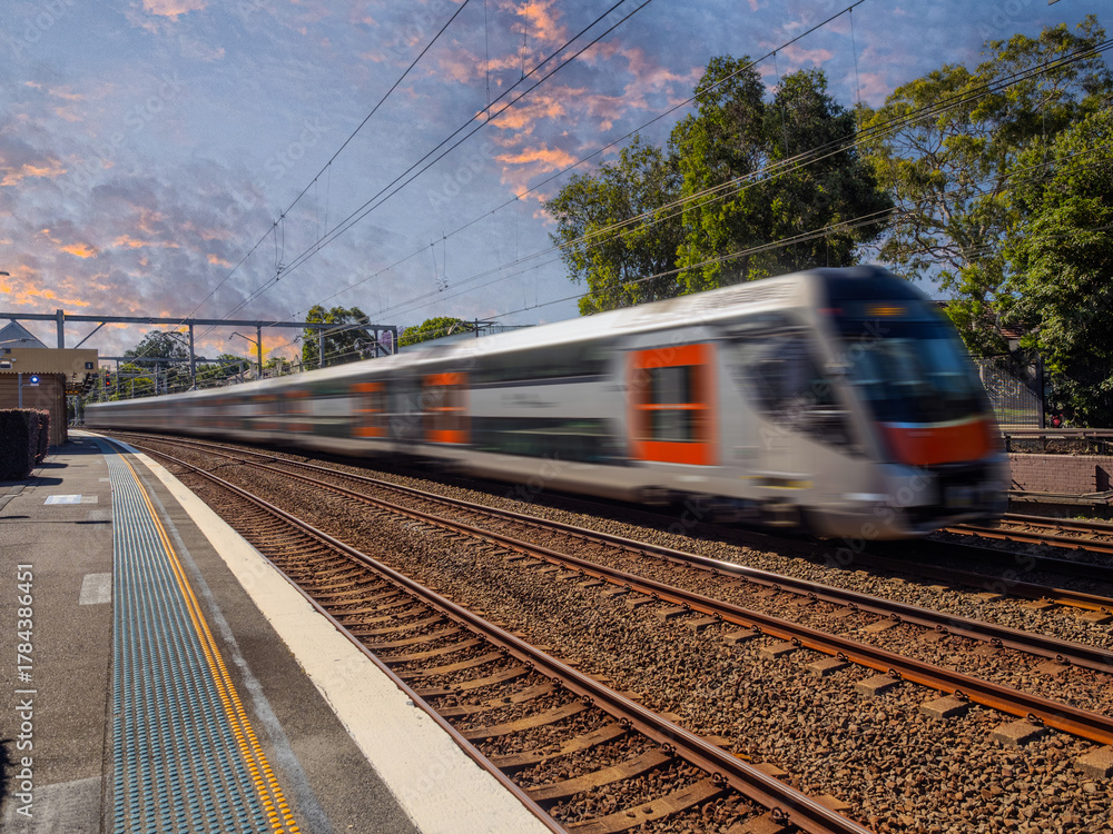 Fototapeta premium Passenger Train going through Summer Hill train station a suburban Sydney train Station NSW Australia