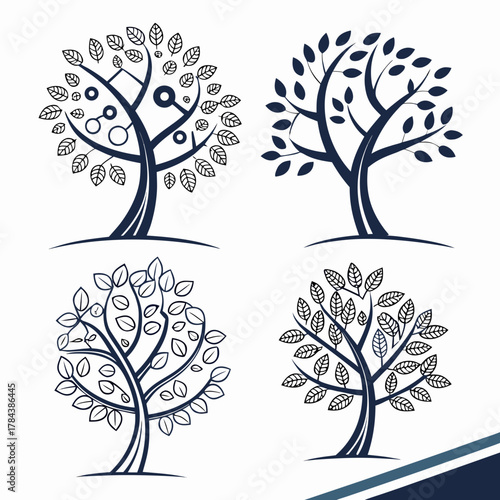 Four dark blue outline trees with leaves and circles
