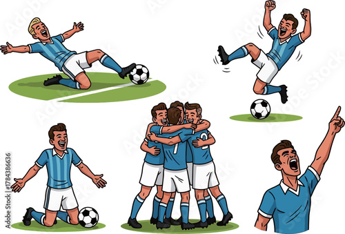Vector illustrations of male soccer players celebrating goals and victories on a green field, showing various poses of triumph and teamwork.