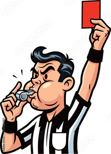 A cartoon referee in a striped shirt blowing a whistle and holding up a red card, indicating a penalty or expulsion.