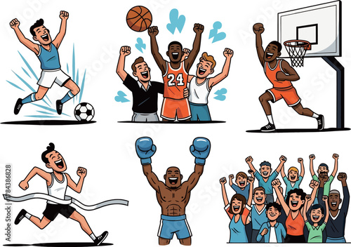 Collection of illustrations showing diverse athletes and fans celebrating victory in various sports like soccer, basketball, running, and boxing.