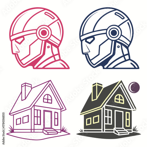 Futuristic robot heads and houses vector icons