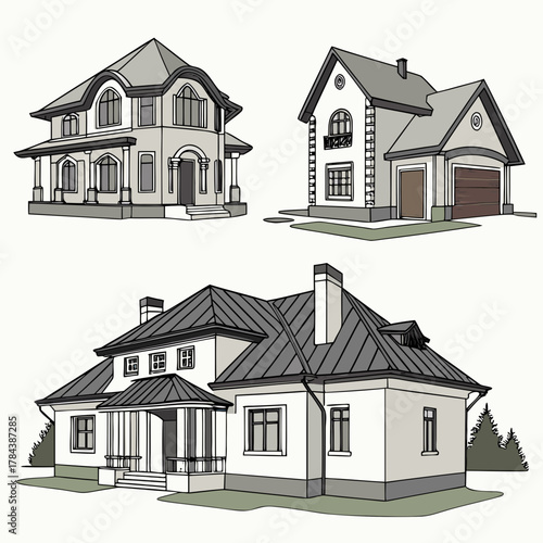 Three detached houses with gray roofs and white walls