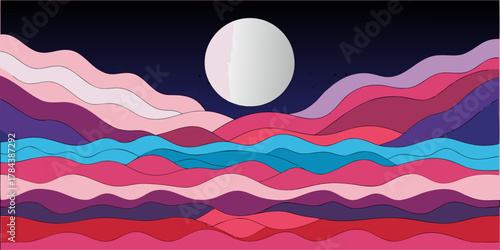 Abstract wavy landscape with a large moon at night