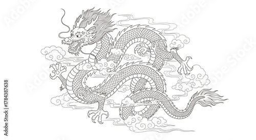 Traditional Chinese Dragon Illustration in Line Art Style for Coloring Pages