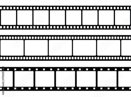 Classic film reel strips vector with blank frames, multiple 35mm strip layouts, black outline design, empty exposure areas, scalable EPS for cinema graphics, movie posters, and vintage media illustrat