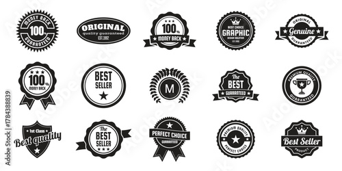 A high-quality vintage-style badge, label, and seal collection featuring “Best Seller”, “Original Product”, “Genuine”, and “Money Back Guarantee” designs. Perfect for brand identity, product packaging