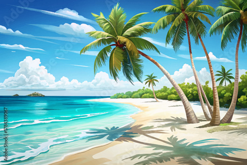 White sandy beach with tall palms and turquoise sea in Key West, Florida