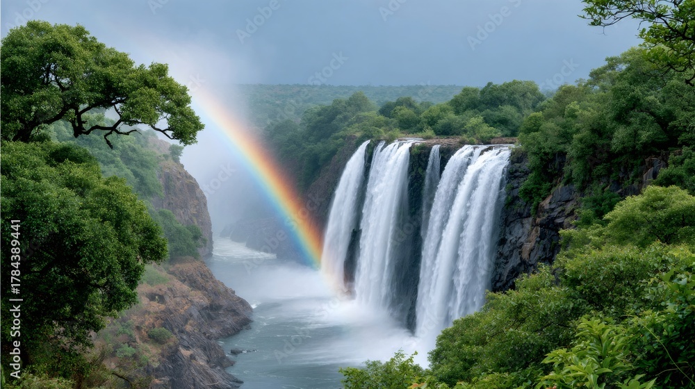 Naklejka premium Victoria Falls waterfall showing rainbow over Zambezi river