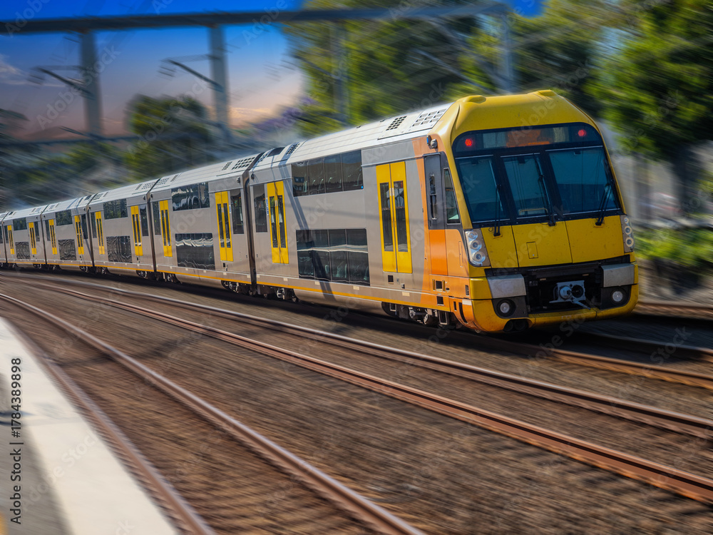 Fototapeta premium Passenger Train going through Summer Hill train station a suburban Sydney train Station NSW Australia