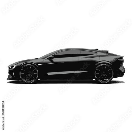 Side view of a sleek black sports car isolated on white background, showcasing its aerodynamic design and powerful stance in a minimalist setting
