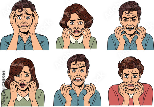 Six pop art style illustrations of men and women expressing fear, shock, or anxiety with hands on their faces.