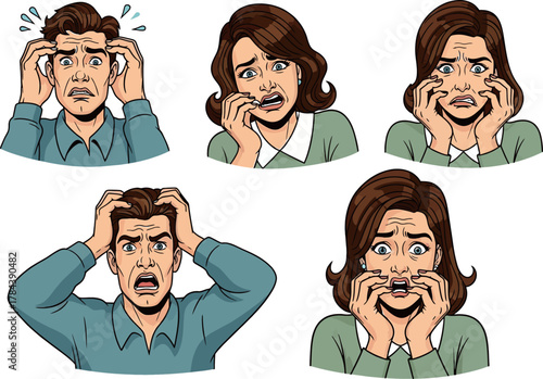 Collection of cartoon illustrations depicting men and women expressing fear, anxiety, and distress with worried facial expressions and gestures.