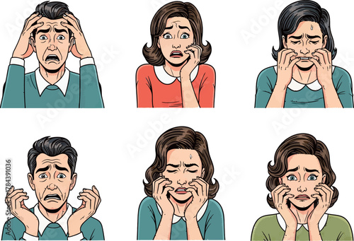 Collection of six illustrations depicting men and women with expressions of fear, anxiety, and stress.