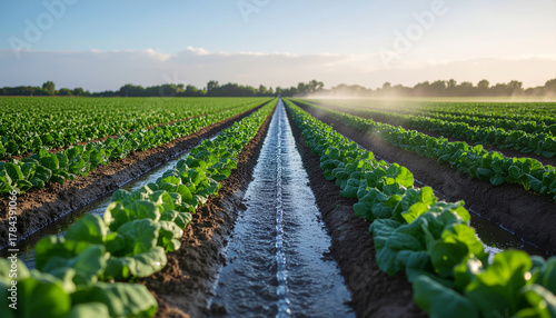 Open Trench Irrigation with Water Flowing Between Rows of Leafy Greens