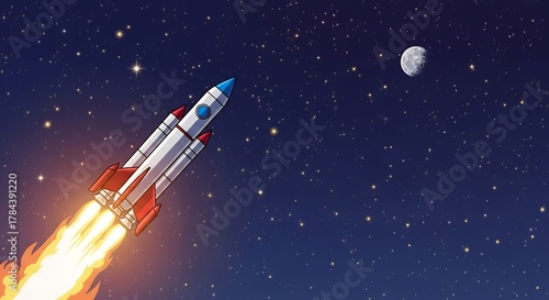 Wallpaper Mural Cartoon Rocket Launching in Space with Stars and Moon Torontodigital.ca