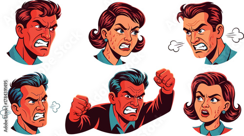 Collection of six comic-style portraits depicting various angry human emotions and reactions.