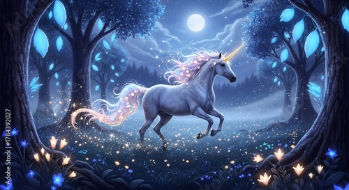 Magical White Unicorn Running in Enchanted Night Forest Scene with Glowing Flowers and Full Moon