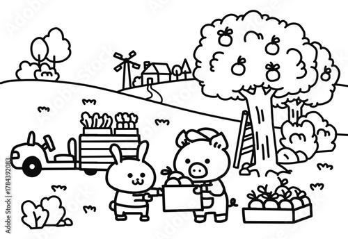 Rabbit comes to buy agricultural products with pigs.