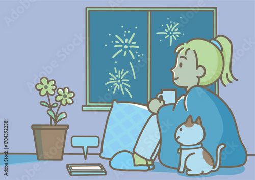 A young woman sits watching fireworks on a quiet night.