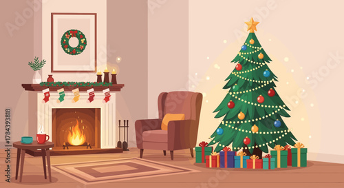 Cozy Christmas living room with fireplace, decorated tree, armchair, and gifts.