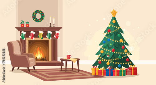 Festive Christmas living room with fireplace, tree, gifts, and cozy armchair.