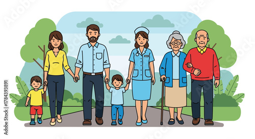 Family care with nurse and elderly parents in outdoor setting