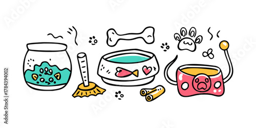 Cute pet accessories doodles on white background bowls