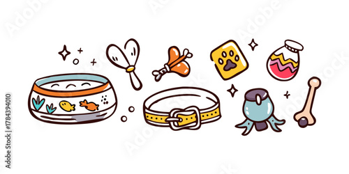 Cute pet accessories doodles on white background dog toys
