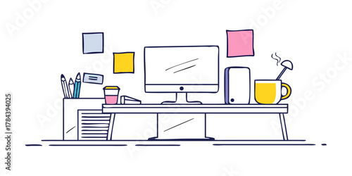 Desk setup with computer coffee mug and art supplies