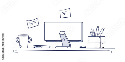 Desk with computer coffee mug and pens notepad