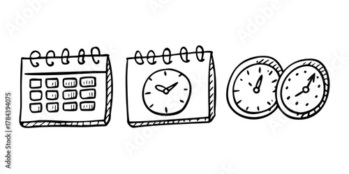 Doodle clocks watches and calendars on white background