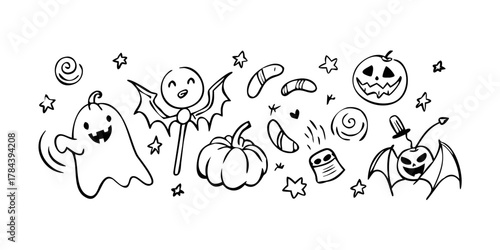 Halloween doodles pumpkins ghosts bats and candy vector 1