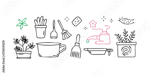 Green plant watering can and kitchen items doodle illustration