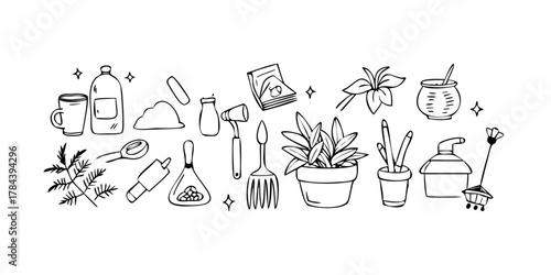 Kitchen Utensils and Cleaning Items Doodle Collection