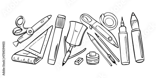 Stationery Doodle Collection with Pencils Pens and Scissors