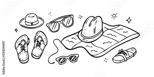 Travel essentials doodles sunglasses hat map vector