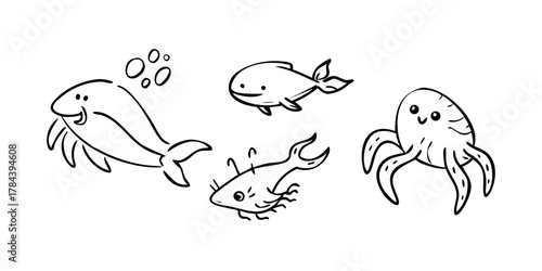 Whimsical Sea Creature Doodles with Dolphins Whales and Crabs